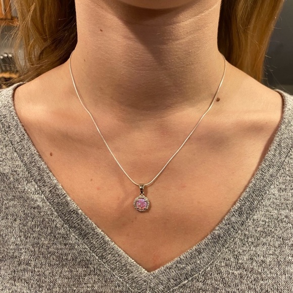 Halo Pink Fire Opal Cz & Clear Cz .925 Sterling Silver Earring & Necklace Set - Picture 16 of 17